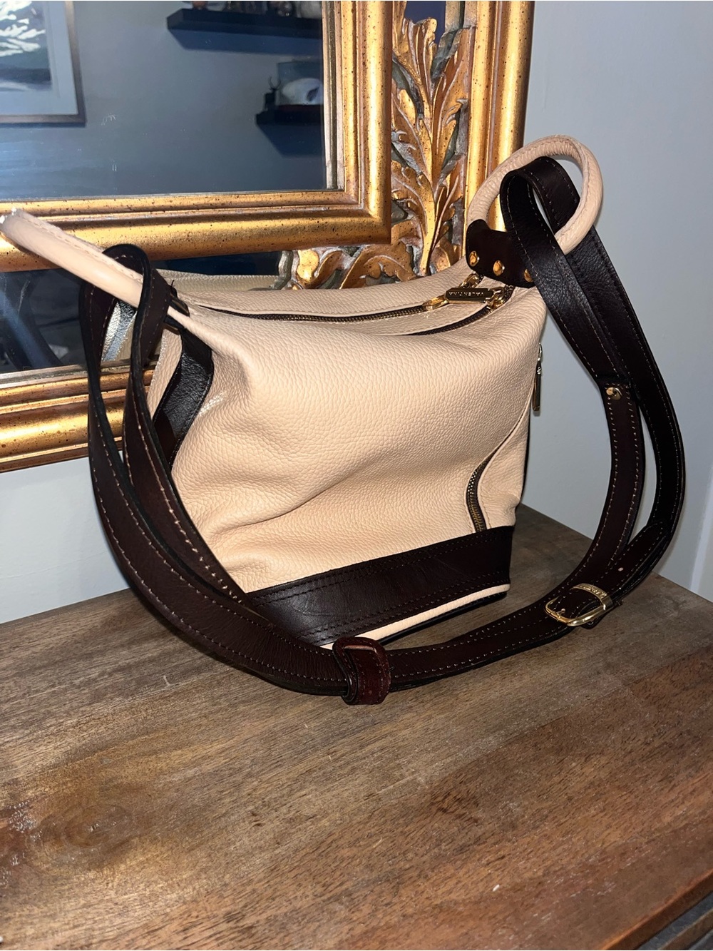 Valentina Cream and Dark Brown Leather Crossbody with Gold Hardware